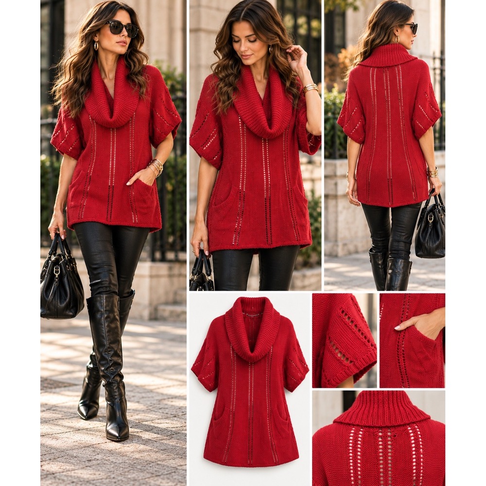 BCBGMAXAZRIA Red Cowl Neck Tunic Sweater M Y2K Open Knit Dolman Pocket 2000s